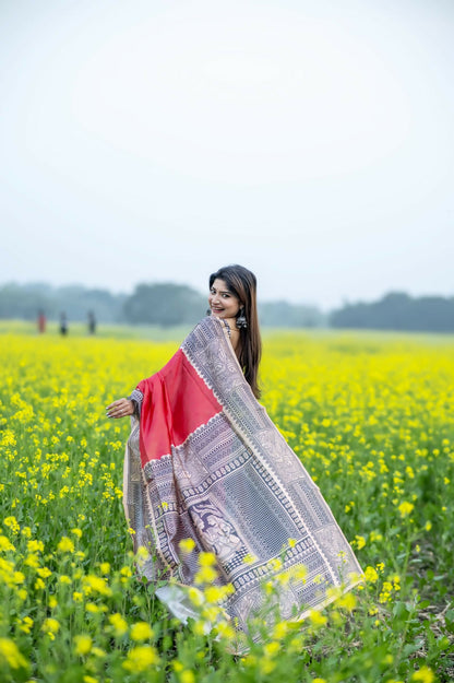 Women Yogita Madhubani 3 Red Saree With Unstiched Blouse