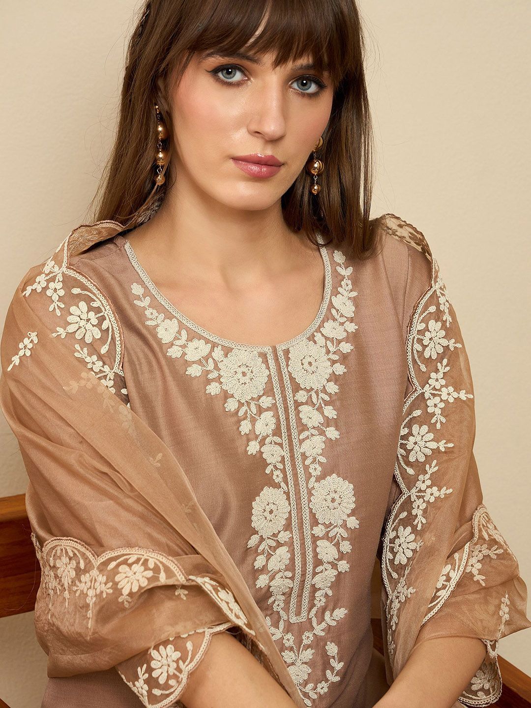 Floral Yoke Design Thread Work Straight Kurta With Trousers & Dupatta