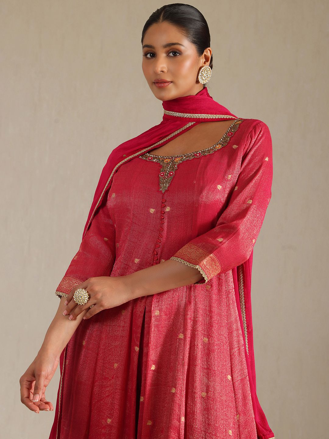 Dhiyona SO Women's Alina Cut Polka Dots Woven Design Sequinned Tissue A-Line Kurta With Palazzos & Dupatta