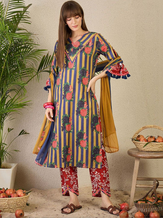 Women Printed Regular Pure Cotton Kurta with Trousers & With Dupatta