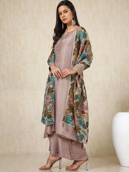 Dhiyona SO Women's Floral Embroidered Beads and Stones Straight Kurta with Palazzos & Dupatta