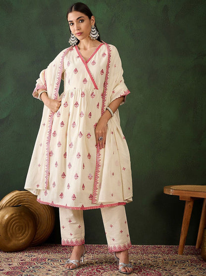 Dhiyona SN Women's Off White Floral Embroidered Pure Cotton Mirror Work Kurta & Trouser With Dupatta
