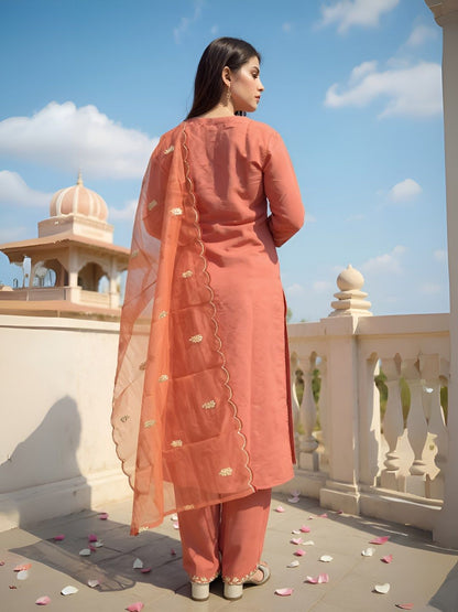 Dhiyona IE Women's Floral Embroidered Thread Work Straight Kurta With Trousers & Dupatta