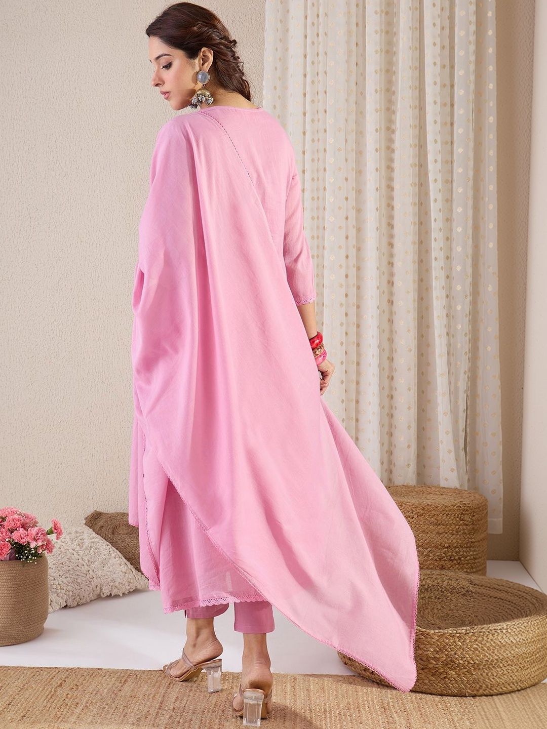 Women Embroidered Pleated Mirror Work Pure Cotton Kurta with Churidar & With Dupatta