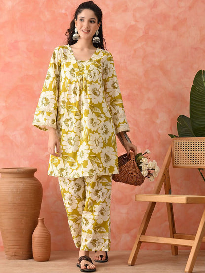 Dhiyona SN Women's Floral Printed Cotton Kurta with Trousers