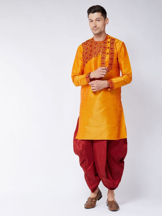 Men's Orange Silk Blend Angrakha Kurta and Dhoti Set