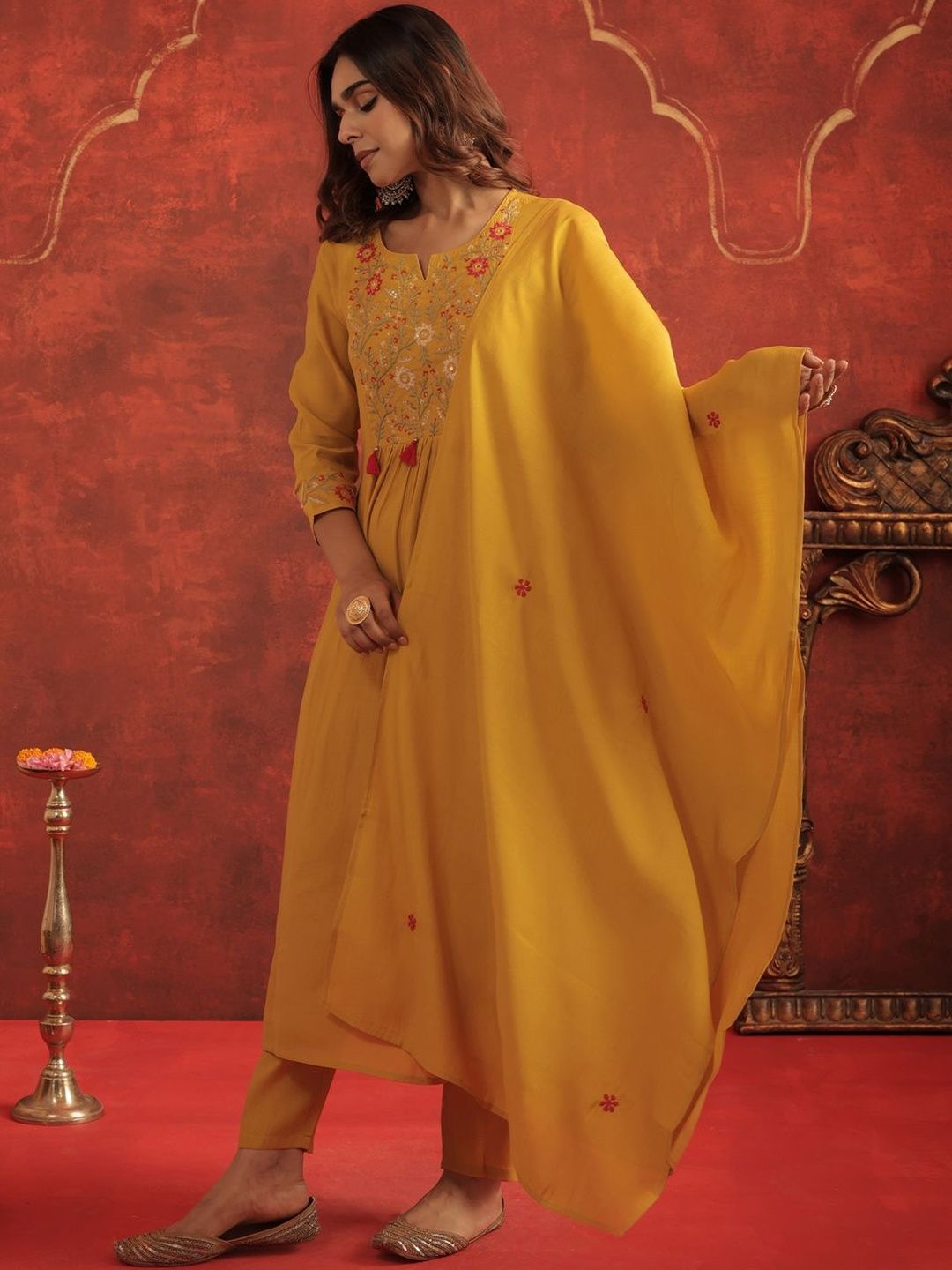 Women Floral Embroidered A-Line Kurta with Trousers & Dupatta