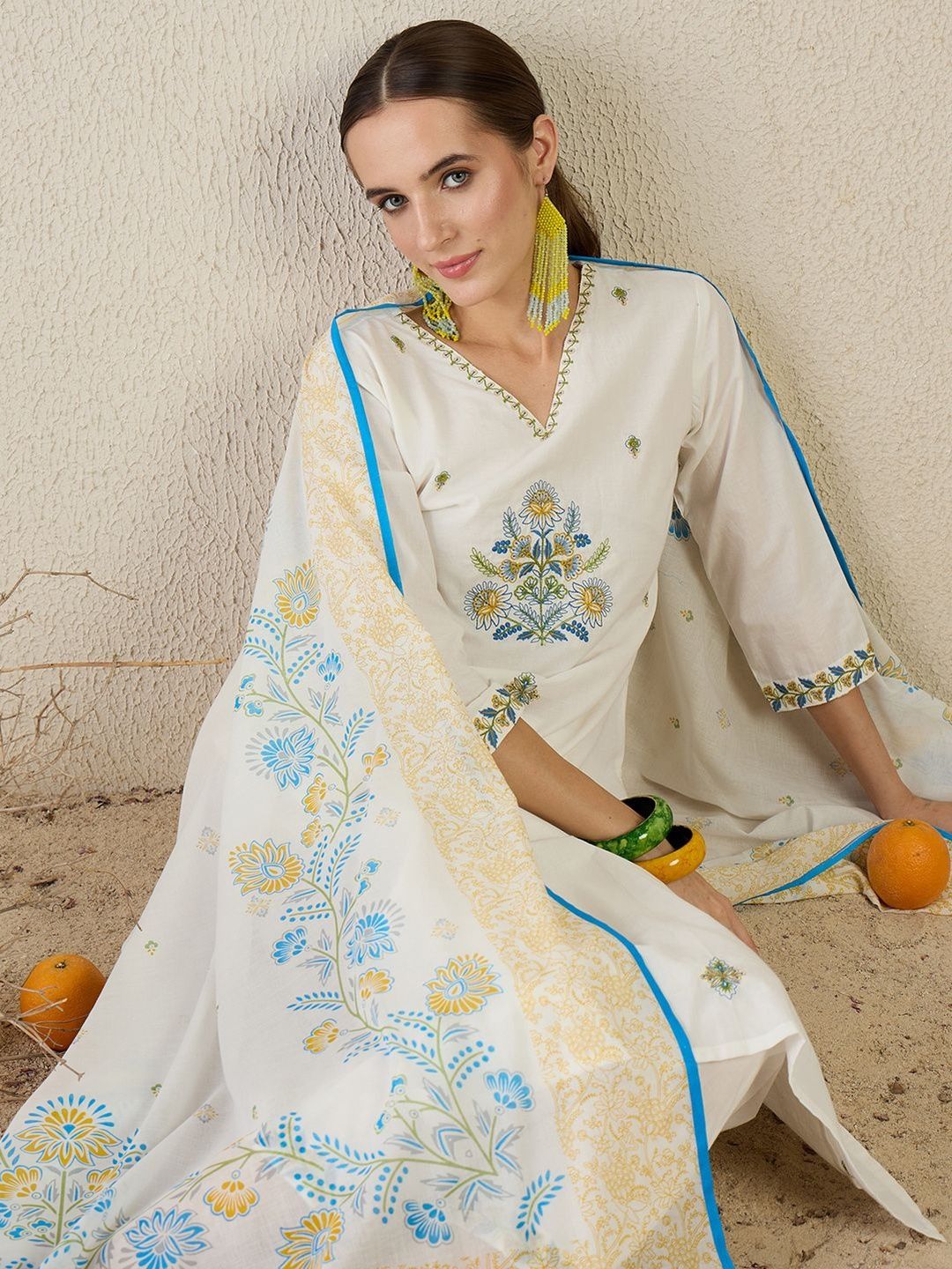 Women White Embroidered Straight Kurta Trousers With Dupatta set