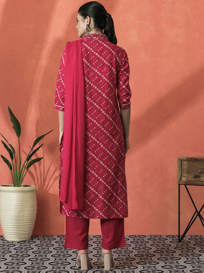 Dhiyona SN Women's Bandhani Printed V-Neck Pleated Pure Cotton Straight Kurta With Trouser & Dupatta