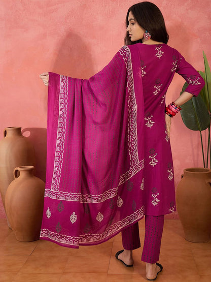 Dhiyona SN Women's Floral Printed Pure Cotton Kurta & Trousers With Dupatta
