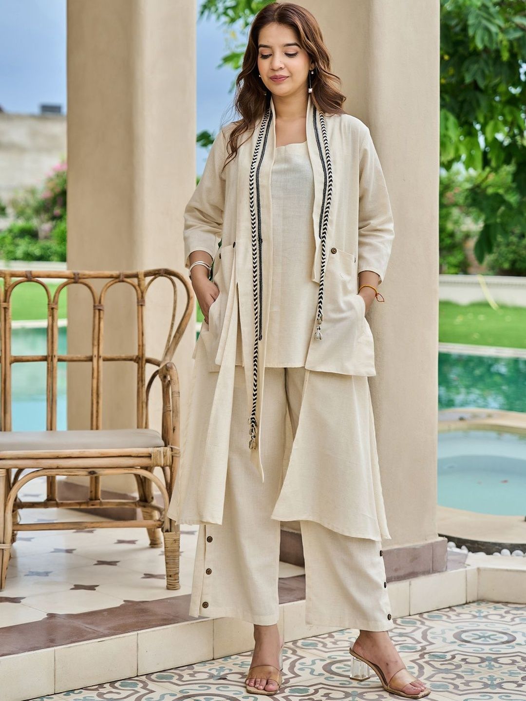 Women Solid Cotton Top with Palazzo & Jacket