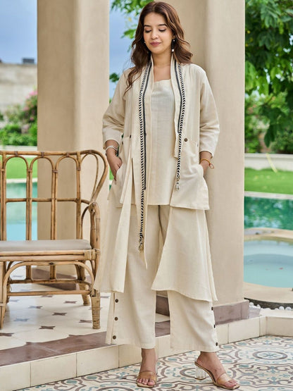 Women Solid Cotton Top with Palazzo & Jacket