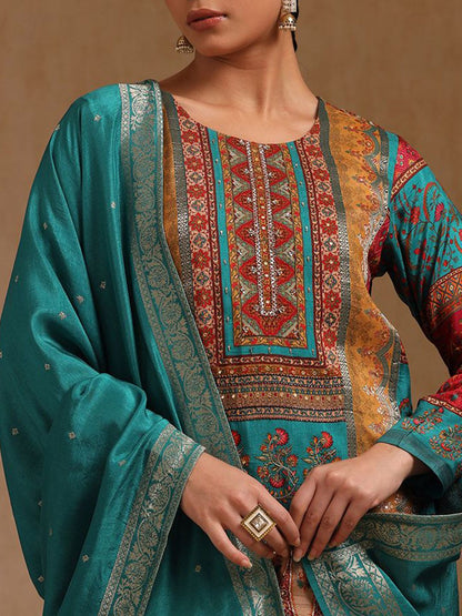Dhiyona SO Women's Ethnic Motifs Printed Mirror Work Straight Kurta With Trouser And Dupatta