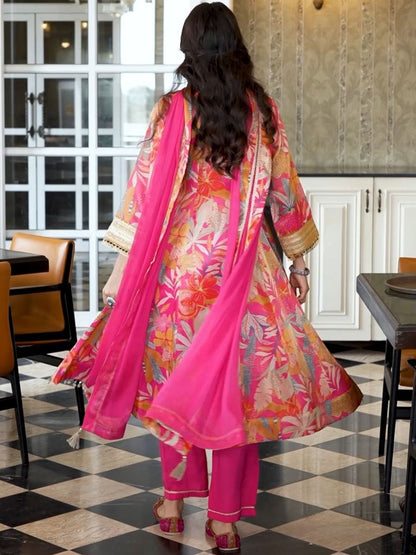 Floral Printed V-Neck Zari Anarkali Kurta & Trousers With Dupatta