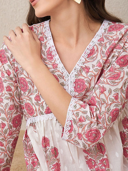 Dhiyona IE Floral Printed V-Neck Empire Pure Cotton A-Line Kurta With Trouser