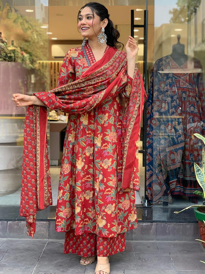 Dhiyona KL Women Floral Printed V-Neck Anarkali Kurta With Palazzos & Dupatta