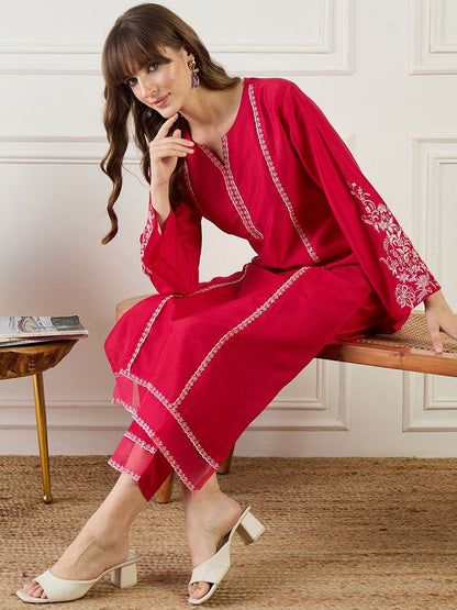 Dhiyona IE Embroidered Straight Tunic With Trousers Co-Ords