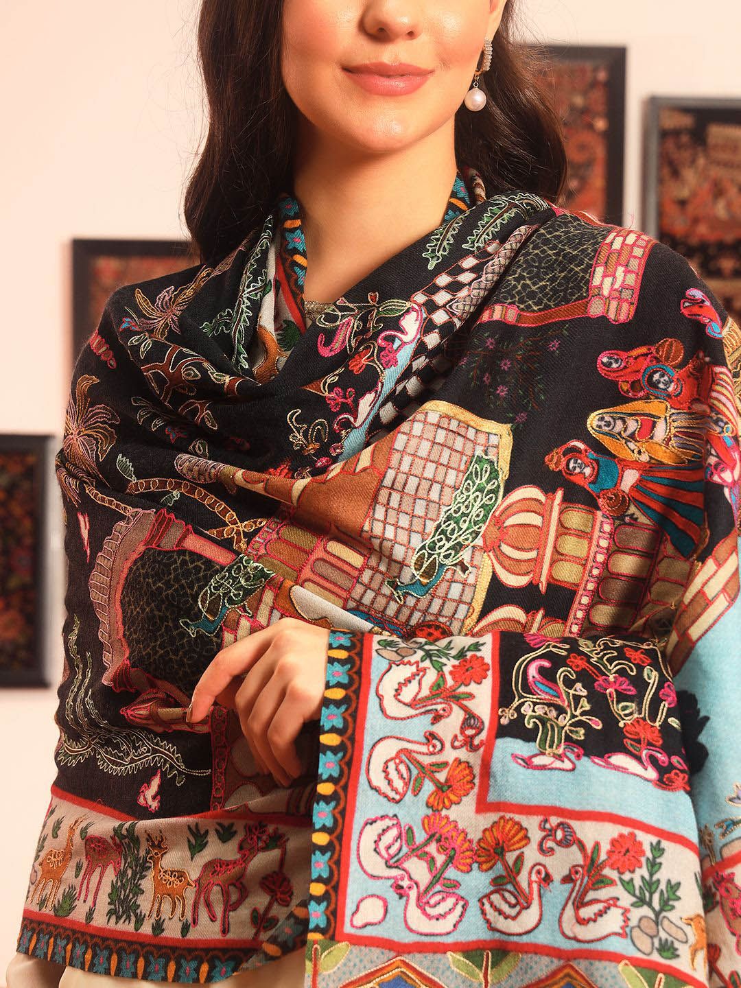 Dhiyona PA Ethnic Motifs Woven Design Naqqashi Pure Wool Kalamkari Shawl