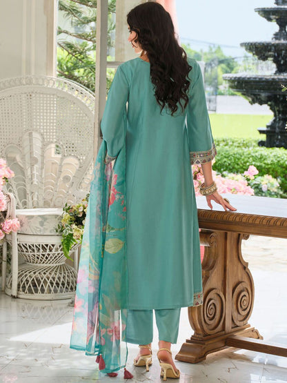 Dhiyona IE Women's Ethnic Motifs Embroidered Regular Mirror Work Kurta With Trousers & Dupatta