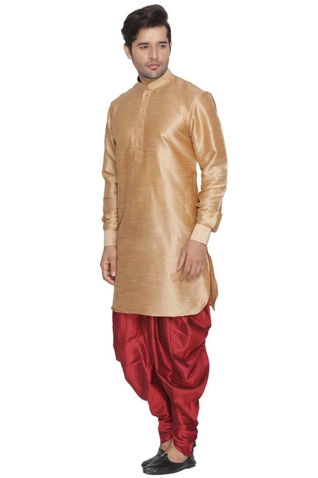 Men's Gold Silk Blend Pathani Kurta and Dhoti Set