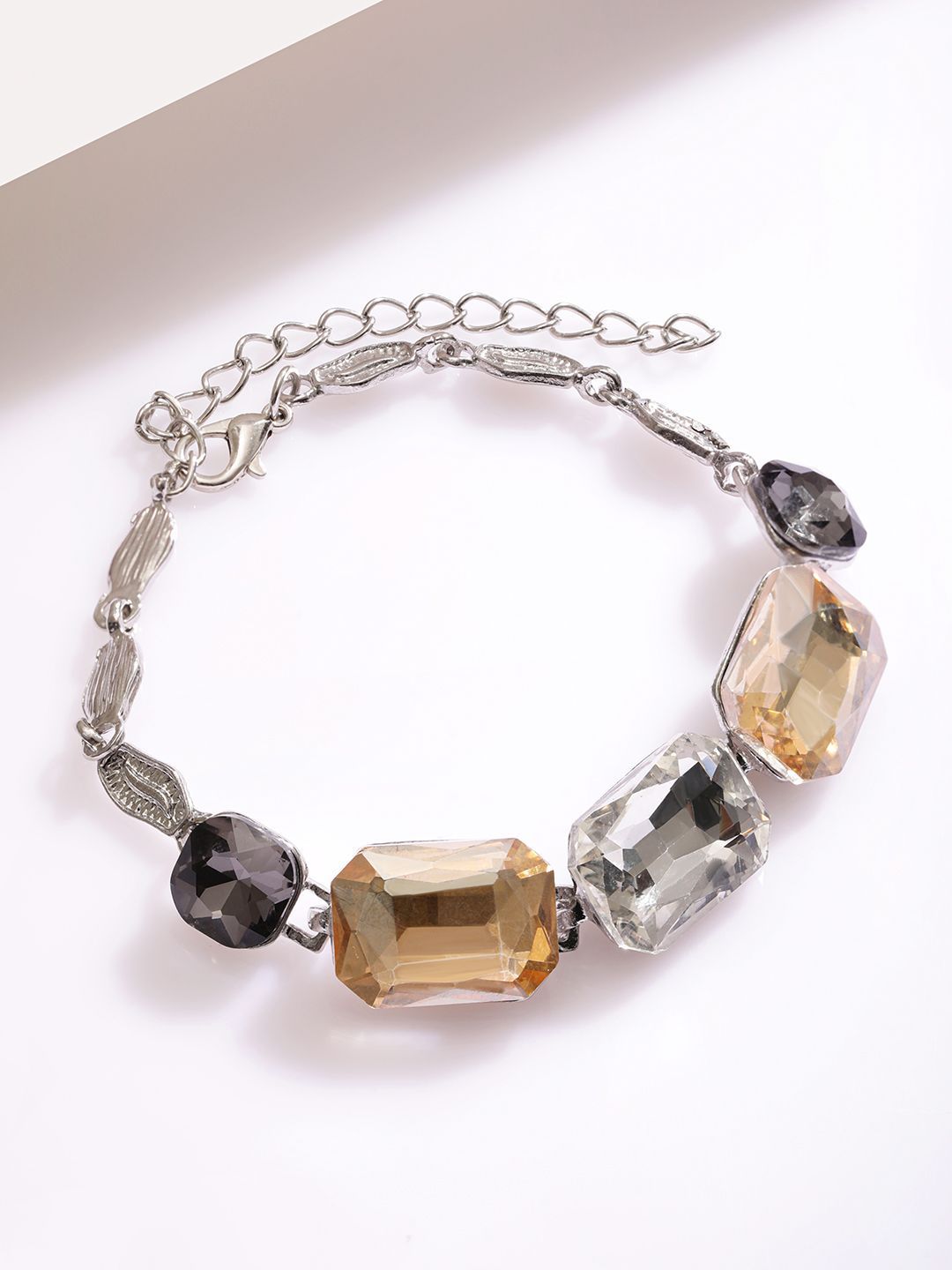 Dhiyona RJ Women's Rhodium Plated Cubic Zirconia Studded Multi-Colored Statement Bracelet