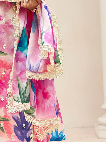 Dhiyona IE Women Floral Embroidered Regular Thread Work Kurta with Trousers & With Dupatta