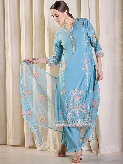 Floral Embroidered Thread Work Kurta With Trousers & Dupatta