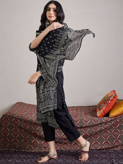 Women Bandhani Printed Cotton Kurta with Trousers & Dupatta