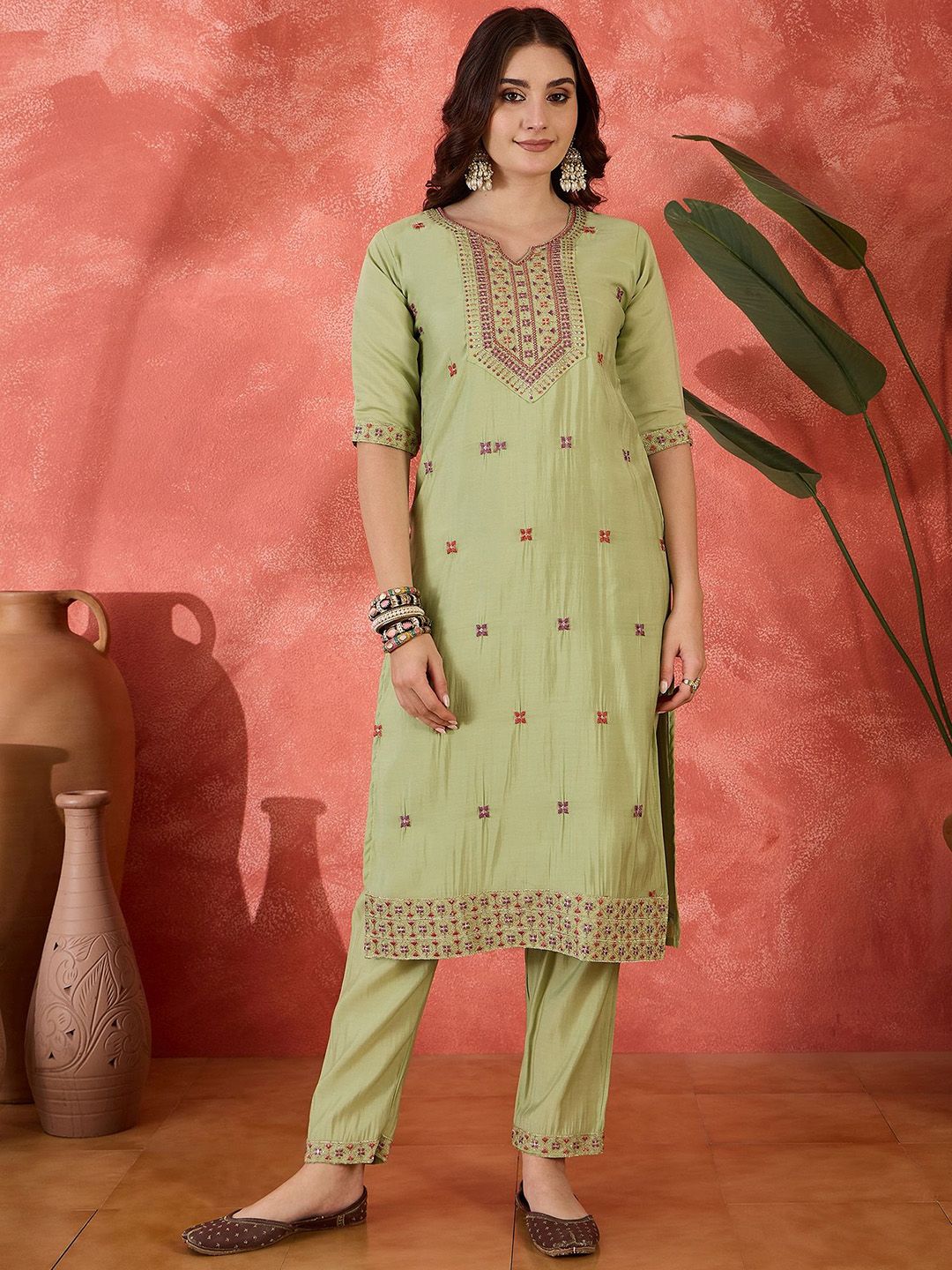 Dhiyona SN Women's Floral Embroidered Notch Neck Sequinned Straight Kurta With Trousers And Dupatta