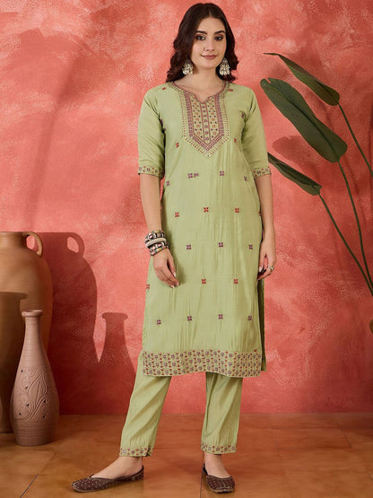 Dhiyona SN Women's Floral Embroidered Notch Neck Sequinned Straight Kurta With Trousers And Dupatta