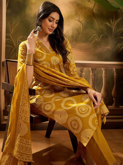 Dhiyona SN Women's Bandhani Printed Pure Cotton Straight Kurta With Trousers & Dupatta Set