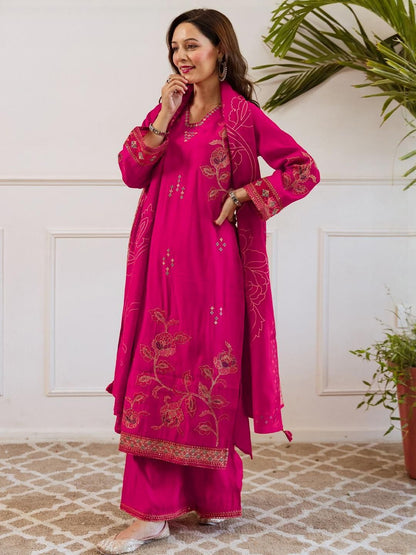 Women Floral Embroidered Thread Work Kurta with Palazzos & Dupatta