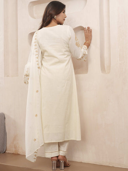 Dhiyona PD Women Floral Embroidered Pure Cotton Kurta & Trousers With Dupatta