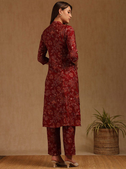 Dhiyona SO Women's Floral Printed Panelled Mandarin Collar A-Line Kurta With Trousers