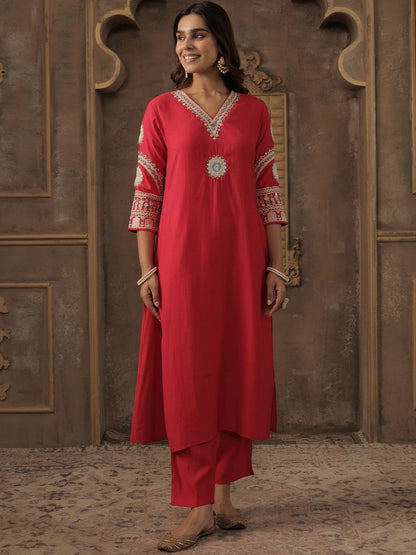 Floral Embroidered V-Neck Thread Work Straight Kurta With Trousers