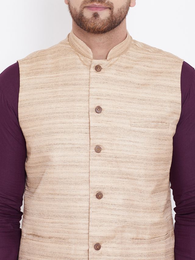 Men's Purple Cotton Blend Straight Jacket  Kurta and Pyjama Set