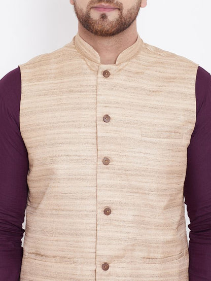 Men's Purple Cotton Blend Straight Jacket  Kurta and Pyjama Set