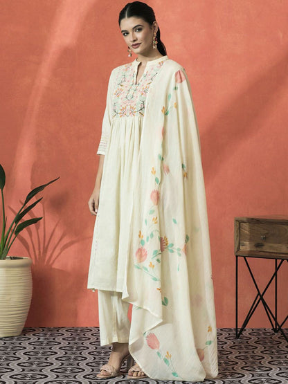Dhiyona SN Women's Floral Embroidered Mandarin Collar Cotton A-Line Kurta With Trouser & Dupatta