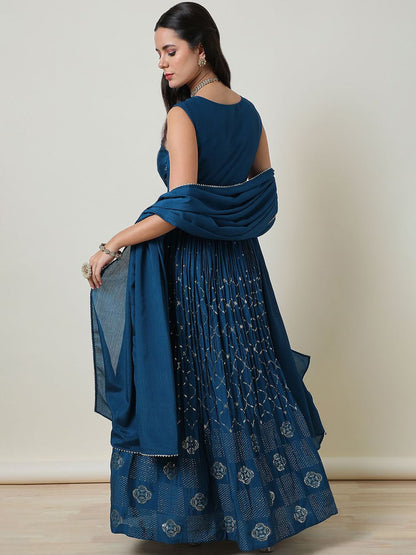 Dhiyona SO Women's Women Printed Angrakha Sequinned Kurta with Churidar & With Dupatta