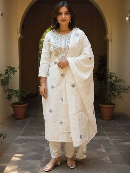 Women Floral Embroidered Round Neck Cotton Kurta with Trousers & Dupatta