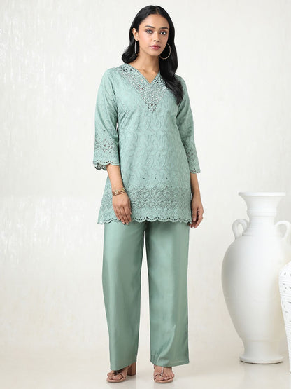 Dhiyona SO Women's Women Embroidered Angrakha Mirror Work Kurta with Palazzos