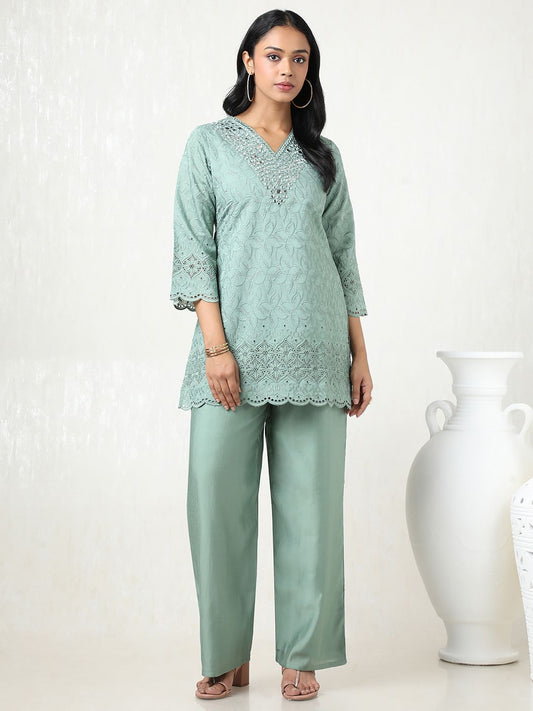 Dhiyona SO Women's Women Embroidered Angrakha Mirror Work Kurta with Palazzos