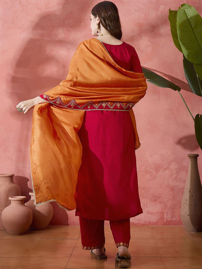 Dhiyona SN Women's Embroidered Sequence Straight Kurta & Trouser With Dupatta