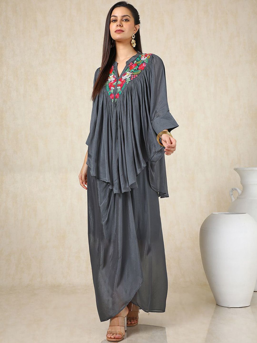 Dhiyona SO Women's Grey Floral Embroidered Mandarin Collar Three-Quarter Sleeves Top With Skirt