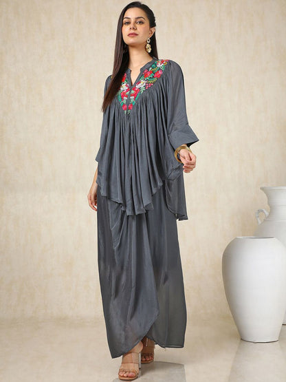 Dhiyona SO Women's Grey Floral Embroidered Mandarin Collar Three-Quarter Sleeves Top With Skirt