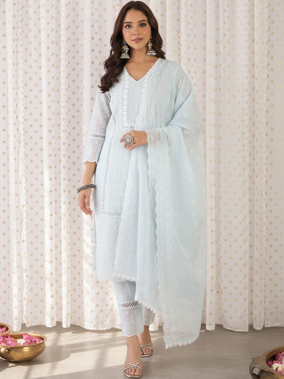 Women Ethnic Motifs Embroidered Regular Chikankari Pure Cotton Kurta with Trousers & With Dupatta