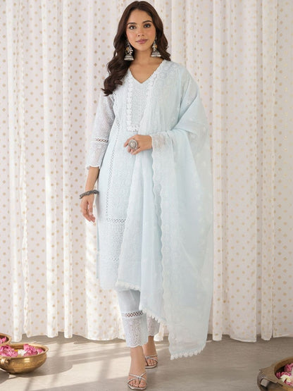 Women Ethnic Motifs Embroidered Regular Chikankari Pure Cotton Kurta with Trousers & With Dupatta
