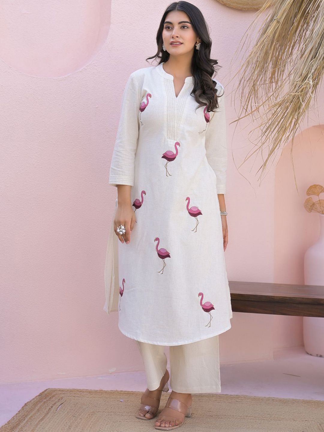 Animal Embroidered Regular Thread Work Pure Cotton Kurta With Palazzos
