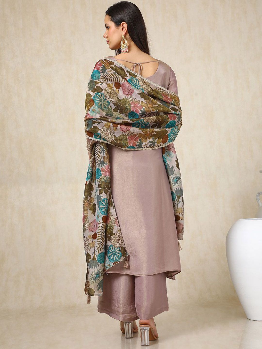 Dhiyona SO Women's Floral Embroidered Beads and Stones Straight Kurta with Palazzos & Dupatta