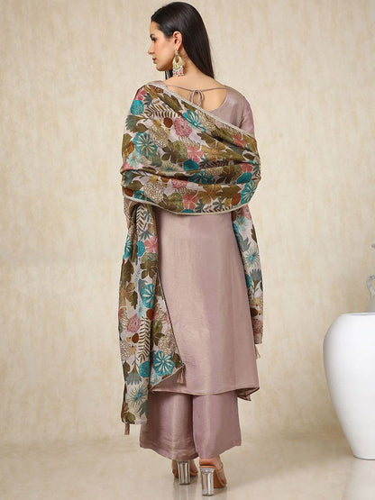 Dhiyona SO Women's Floral Embroidered Beads and Stones Straight Kurta with Palazzos & Dupatta